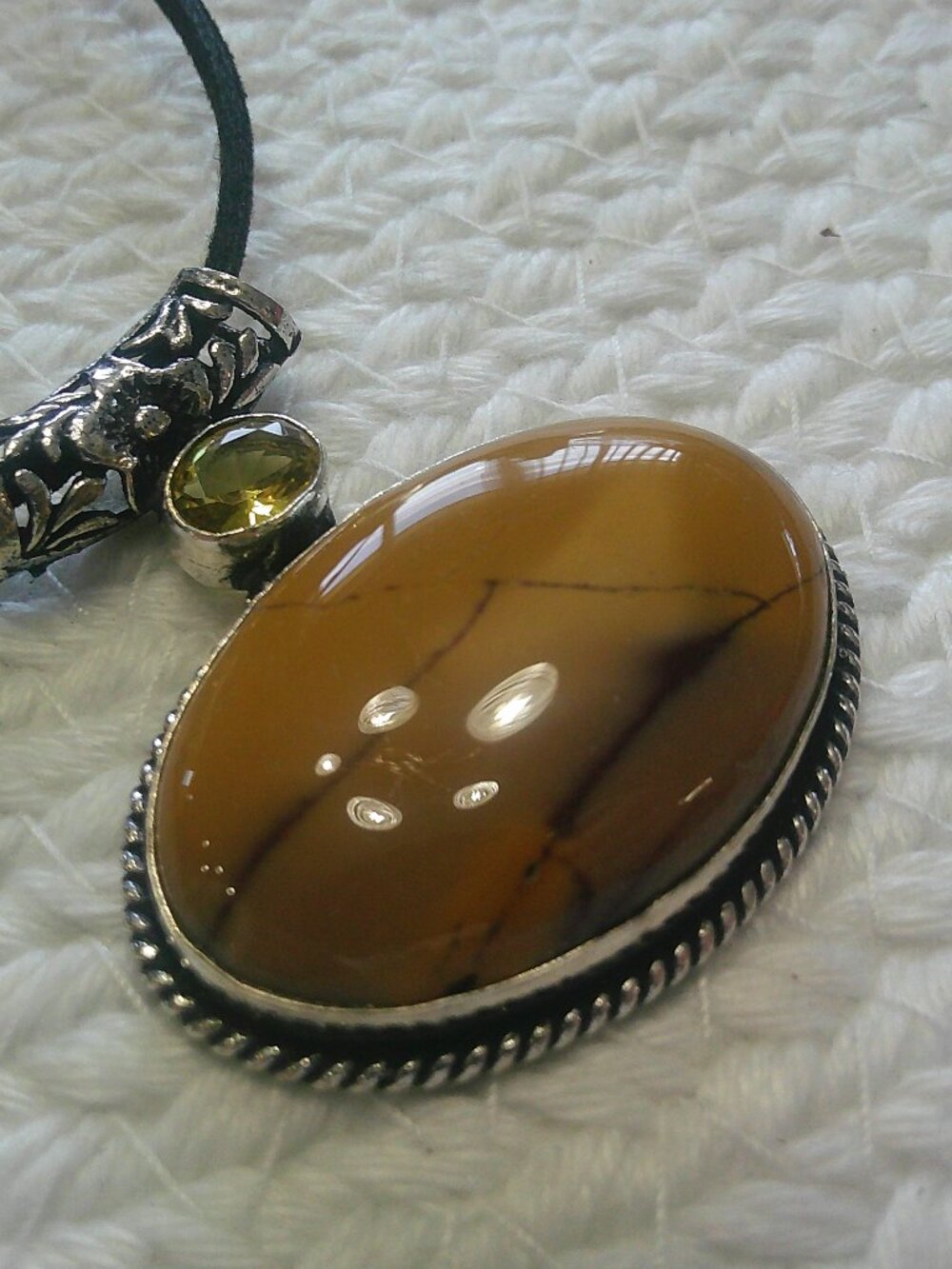 Natural MOOKAITE & CITRINE Handmade Sterling 925 Pendant/Black Cord #379F